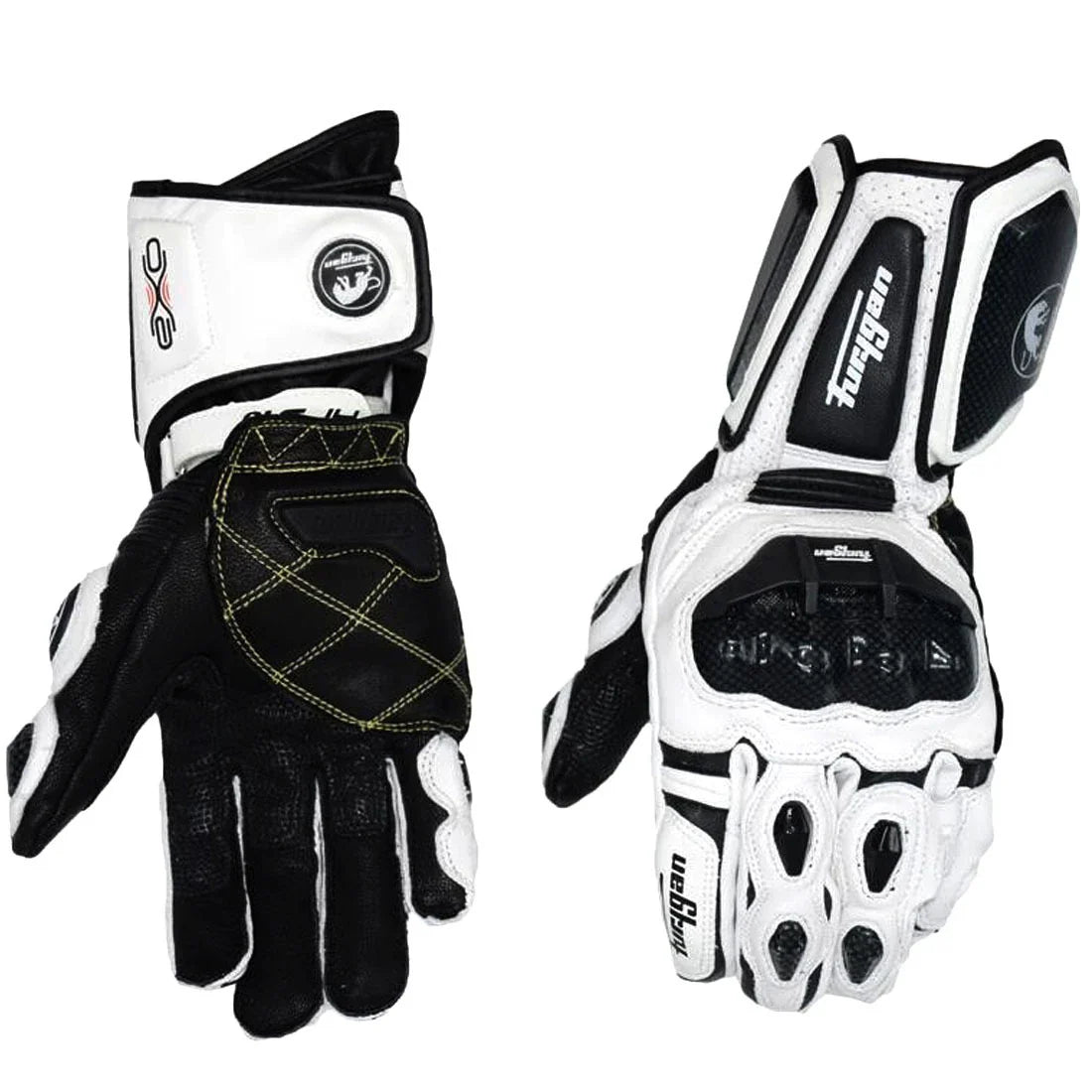 Premium motorcycle gloves made of leather and reinforced with carbon fibre for enhanced protection and breathability