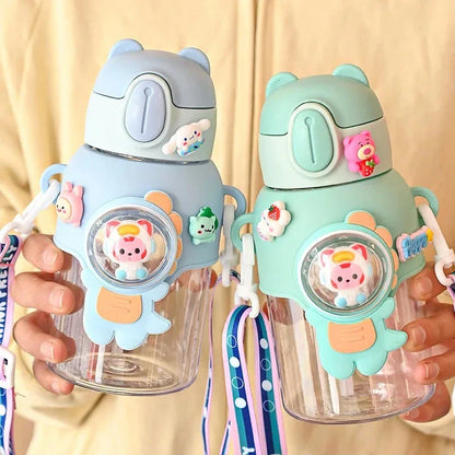 Colourful, durable Kids Cartoon Water Bottle with straw and carrying strap, designed for children's hydration needs
