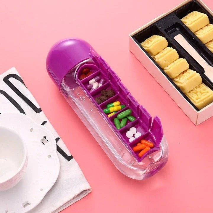 600ml Premium Plastic Water Bottle with Daily Pill Organiser - Durable, Leak-Proof Design with Integrated Supplement Storage