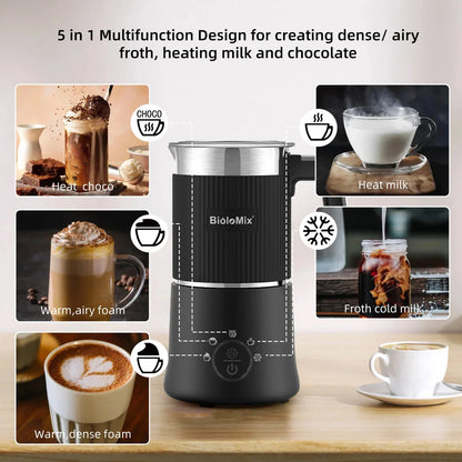 Detachable 5-in-1 Milk Frother and Steamer with stainless steel body and black finish