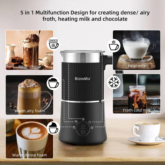 Detachable 5-in-1 Milk Frother and Steamer with stainless steel body and black finish