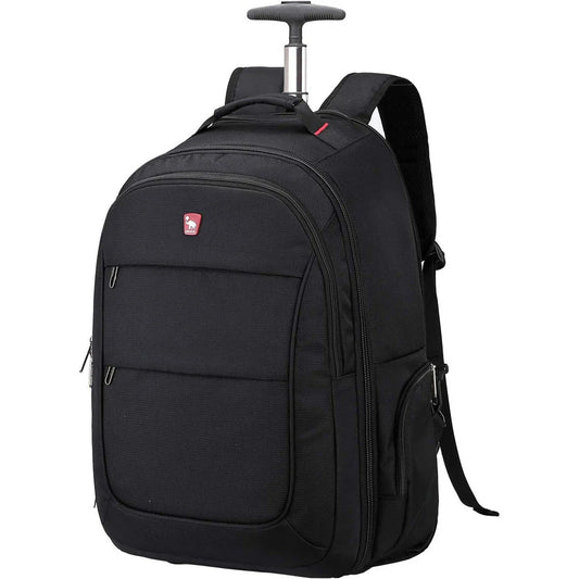 A black, multifunctional wheeled backpack with a padded laptop compartment and smooth-rolling wheels for effortless travel