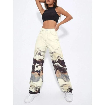 Stylish tie-dye wide-leg high-waist jeans in various sizes, featuring a unique colorblock design and premium denim fabric.