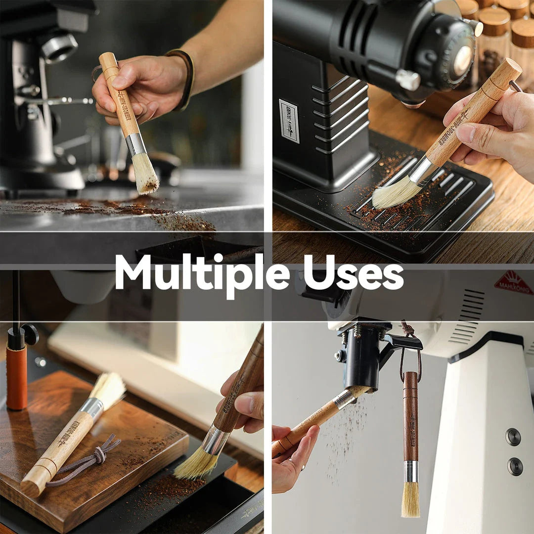 Premium espresso brush with natural fibre bristles and wooden handle, used to clean coffee grinders and equipment