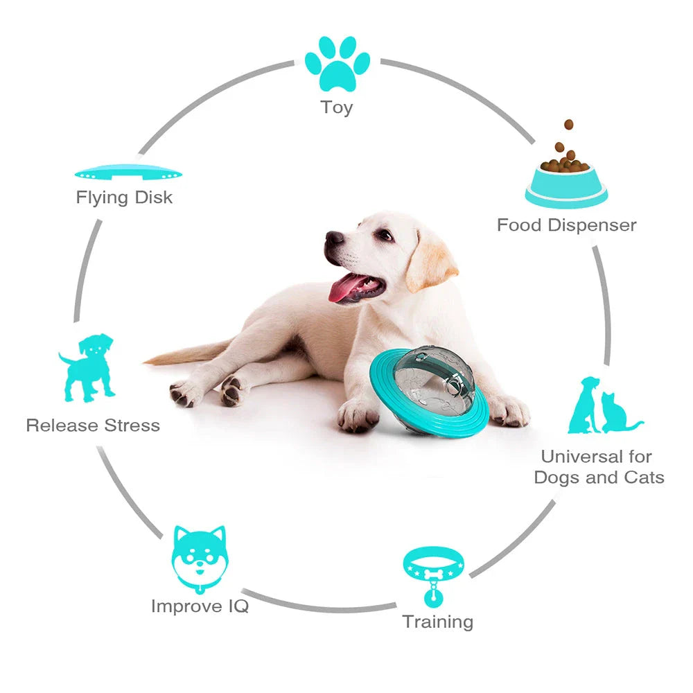 Dog playing with the interactive Dog Planet Treat Toy, a durable and engaging puzzle toy that stimulates a dog's cognitive abilities.
