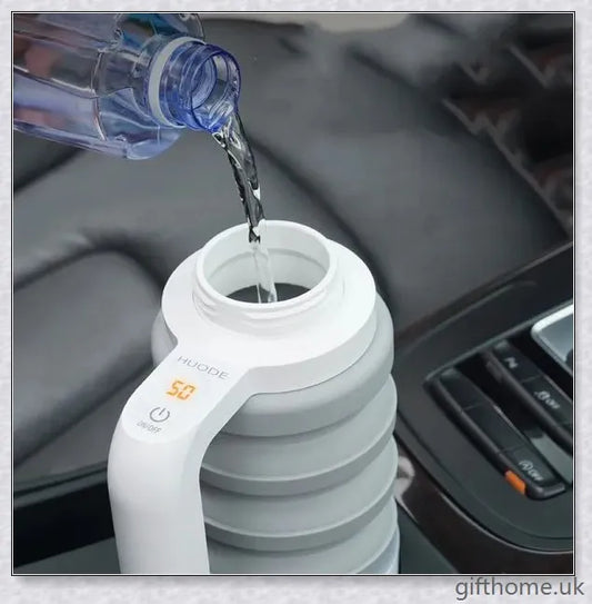12V electric car kettle with foldable design, intelligent temperature control, and 550ml capacity for brewing hot beverages on the road