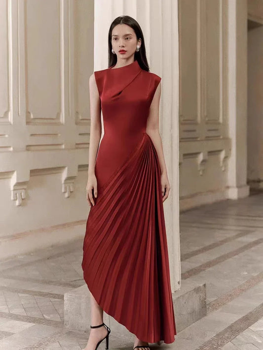 Elegant asymmetric dress with half turtleneck in wine red and milky white colours