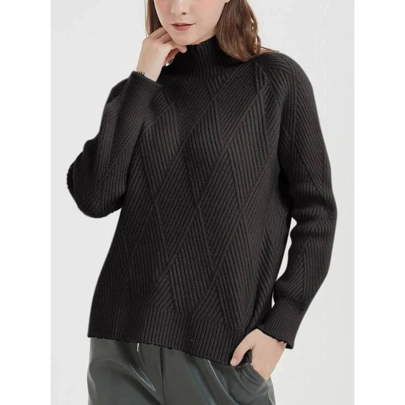 A cosy and stylish knitted turtleneck sweater in a classic beige colour, perfect for layering during the autumn and winter seasons.