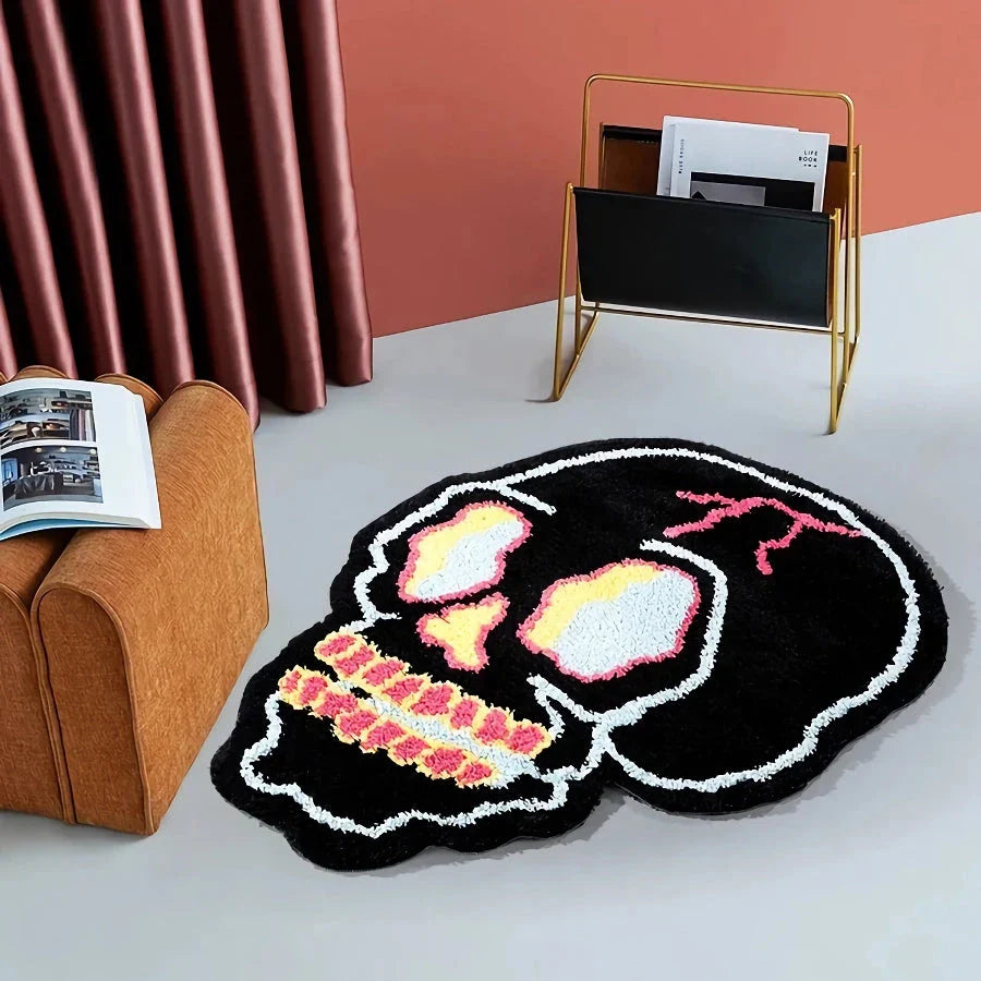 A stylish, black and pink skull-patterned area rug with an irregular, funky design for a modern living room or bedroom