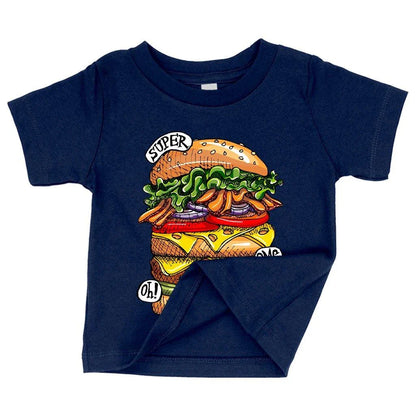 Trendy Baby Burger T-Shirt in white, featuring a cute burger graphic design for comfortable and stylish baby clothing