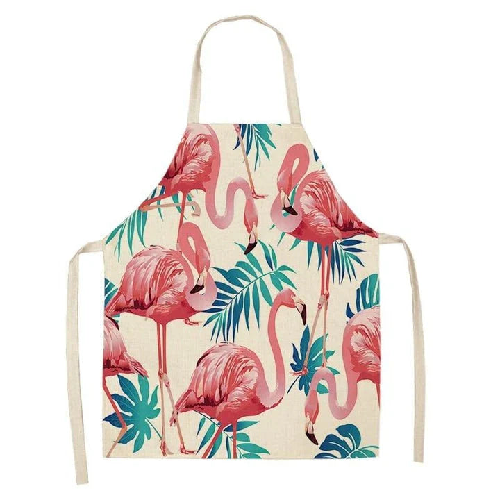 Flamingo Print Apron with Adjustable Neck Strap and Waist Ties, Made of Cotton and Linen Blend