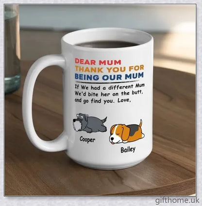 Personalized custom coffee mug with a playful and unique design, perfect for pet lovers and those with a quirky sense of humour.