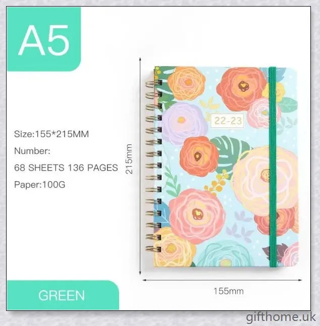 Premium A5 spiral-bound annual calendar notebook with a variety of stylish cover designs including blue art, pink roses, and colourful floral patterns