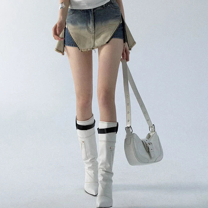 Premium quality denim mini skirt shorts in a gradient blue colour, featuring a high-waisted silhouette and soft cotton fabric