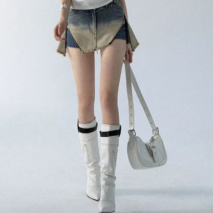 Premium quality denim mini skirt shorts in a gradient blue colour, featuring a high-waisted silhouette and soft cotton fabric