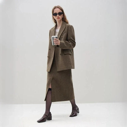 Sophisticated wool blazer and skirt set for professional women, featuring a chic double-breasted jacket and an elegant long skirt with a stylish front split