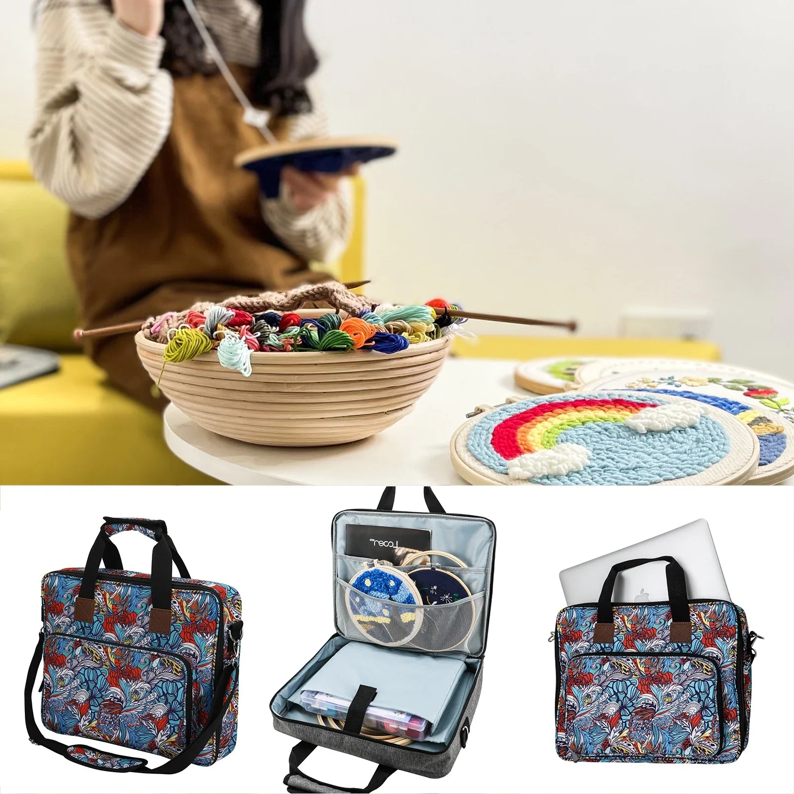 Ethnic Crochet Accessories Storage Bag in Cube Shape, Crafted from Durable 600D Oxford Cloth