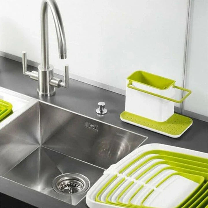A premium multifunctional kitchen organiser with storage compartments, a towel rail, and a drip tray for keeping your sink area tidy and organised.