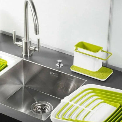 A premium multifunctional kitchen organiser with storage compartments, a towel rail, and a drip tray for keeping your sink area tidy and organised.