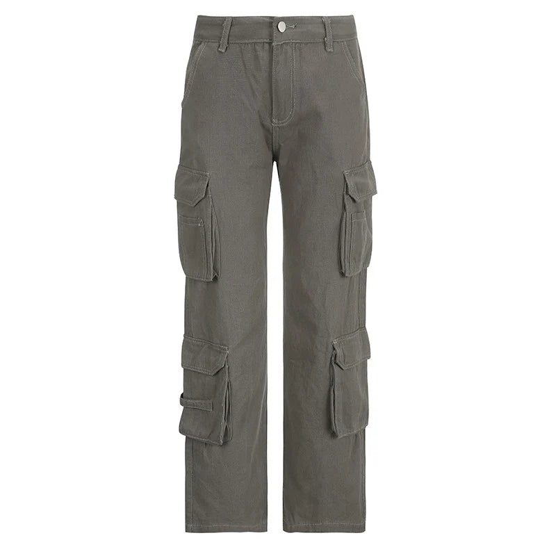 Premium quality grey straight loose jeans with multi-pockets for women, made from comfortable cotton denim fabric