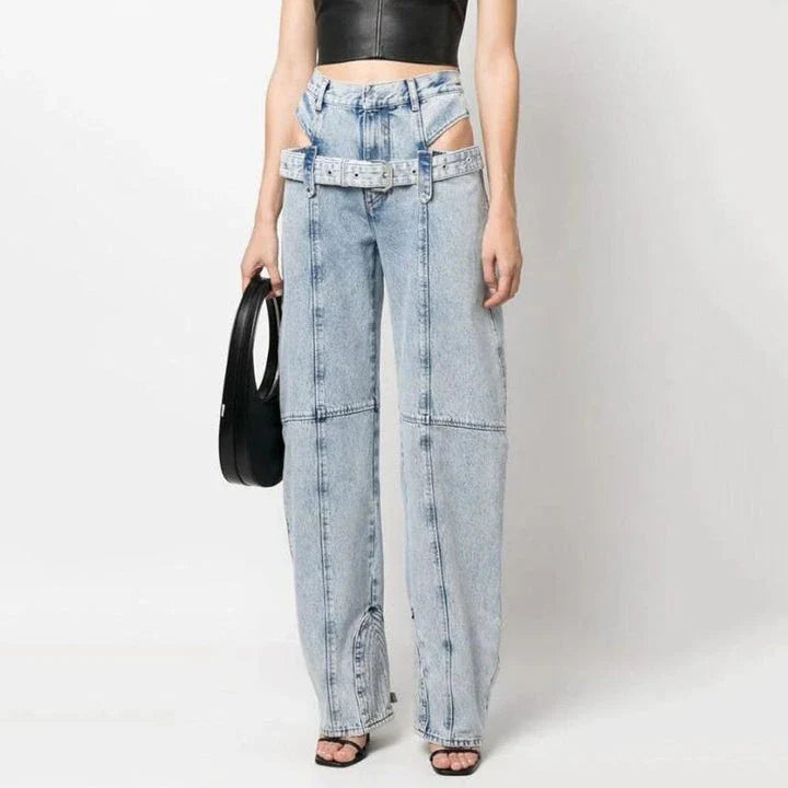High-waist denim trousers with chic cutout design, perfect for British fashion enthusiasts