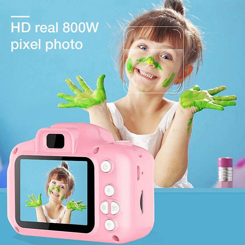 Kids' Mini HD Digital Video Camera in pink colour with 32GB storage, designed for young photographers to capture high-quality photos and videos