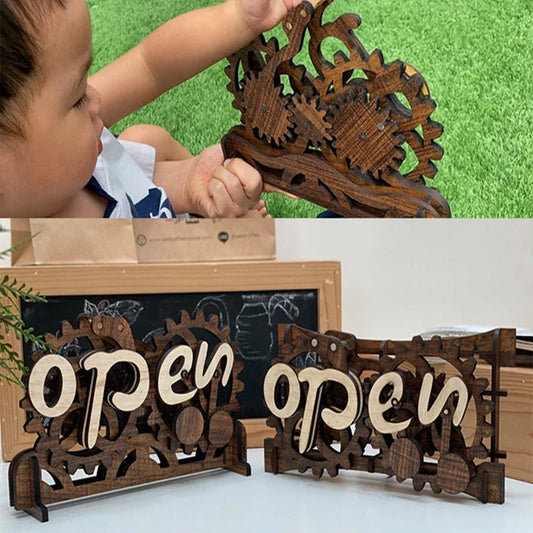 Wooden open-closed sign with gear mechanism, perfect for home entryways and businesses