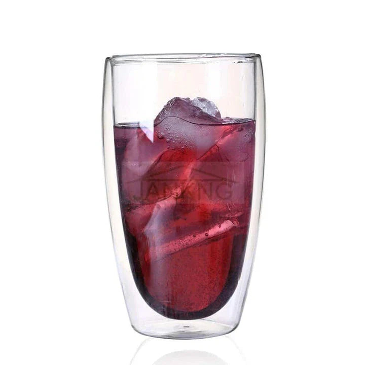 Stylish double-walled glass cup with elegant design, perfect for enjoying hot and cold drinks at the perfect temperature.