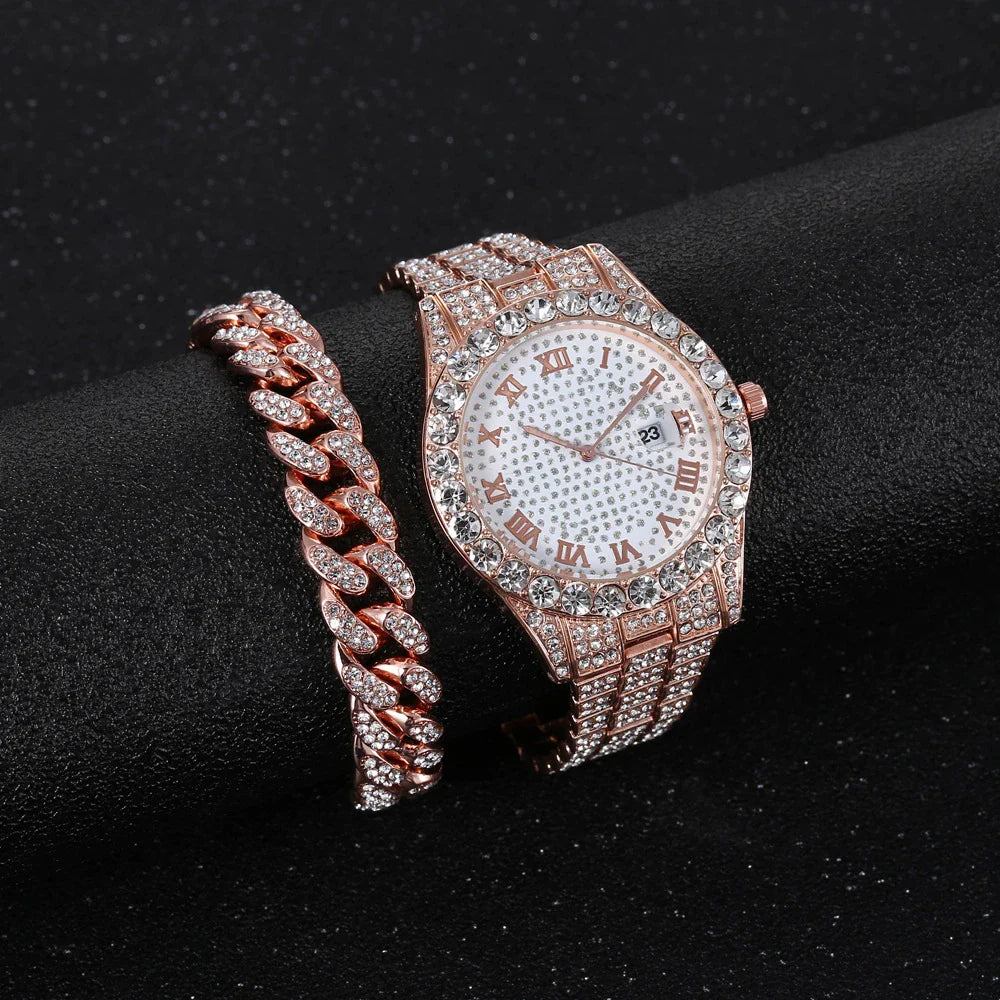 Stylish diamond-encrusted watch with stainless steel chain, available in gold, silver, and rose gold finishes