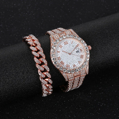 Stylish diamond-encrusted watch with stainless steel chain, available in gold, silver, and rose gold finishes