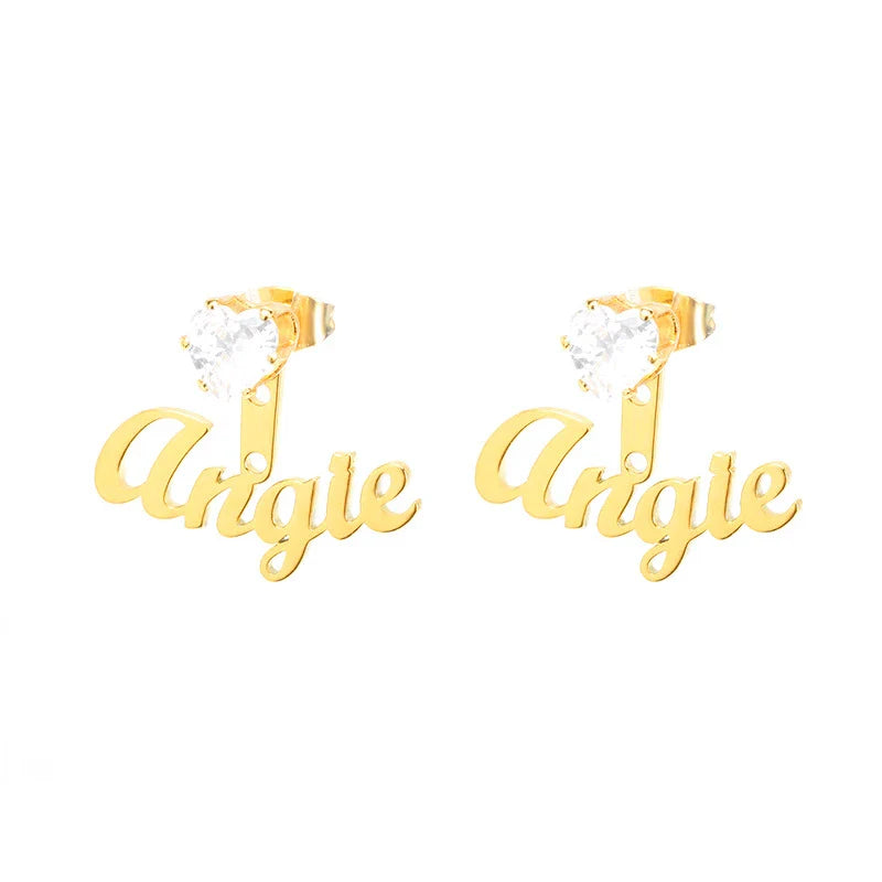 Customised name earrings in various shapes and finishes, including gold and platinum stars, hearts, squares, and rounds