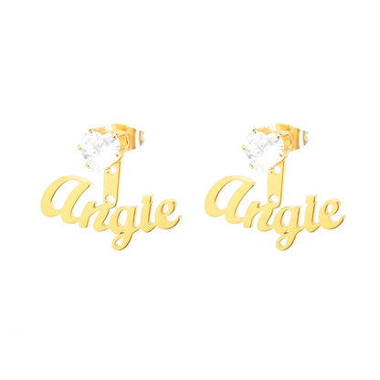 Customised name earrings in various shapes and finishes, including gold and platinum stars, hearts, squares, and rounds