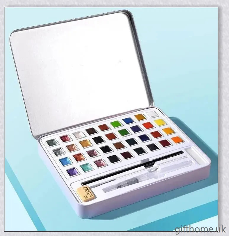 A set of vibrant watercolour paints with a glittering, iridescent effect, including brushes, a palette, and paper for a complete painting experience.