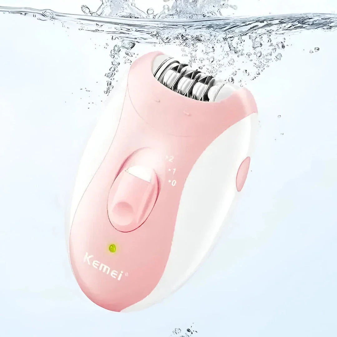 Cordless rechargeable women's epilator with pink body, designed for smooth and effortless hair removal on the face, legs, bikini area, underarms and arms