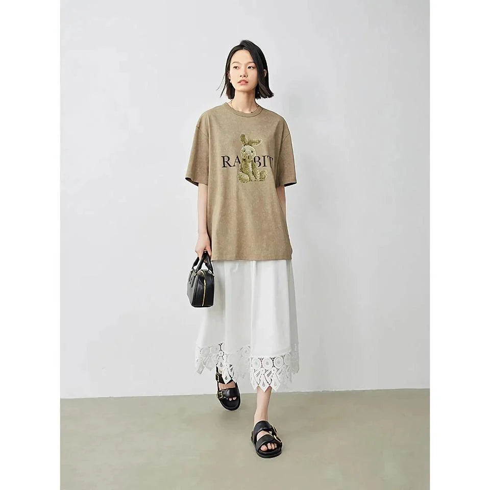 Elegant lace-spliced A-line midi skirt in beige, suitable for various occasions