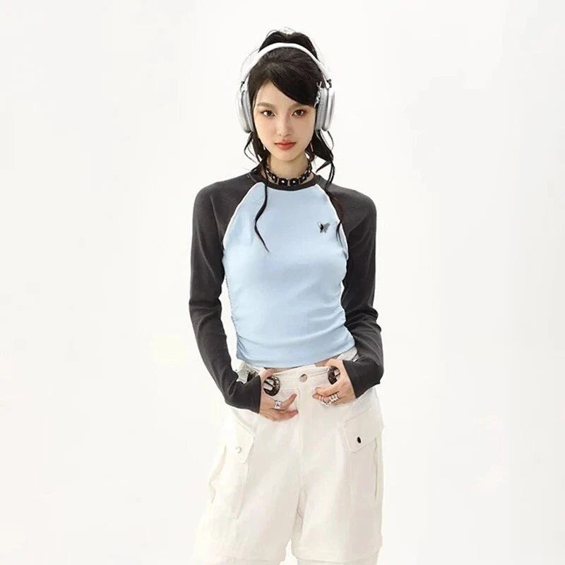 Women's Stylish Retro Patchwork Tee in Blue colour, featuring a unique patchwork design and relaxed fit