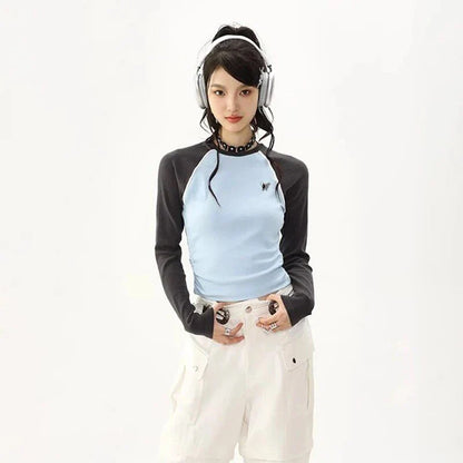 Women's Stylish Retro Patchwork Tee in Blue colour, featuring a unique patchwork design and relaxed fit