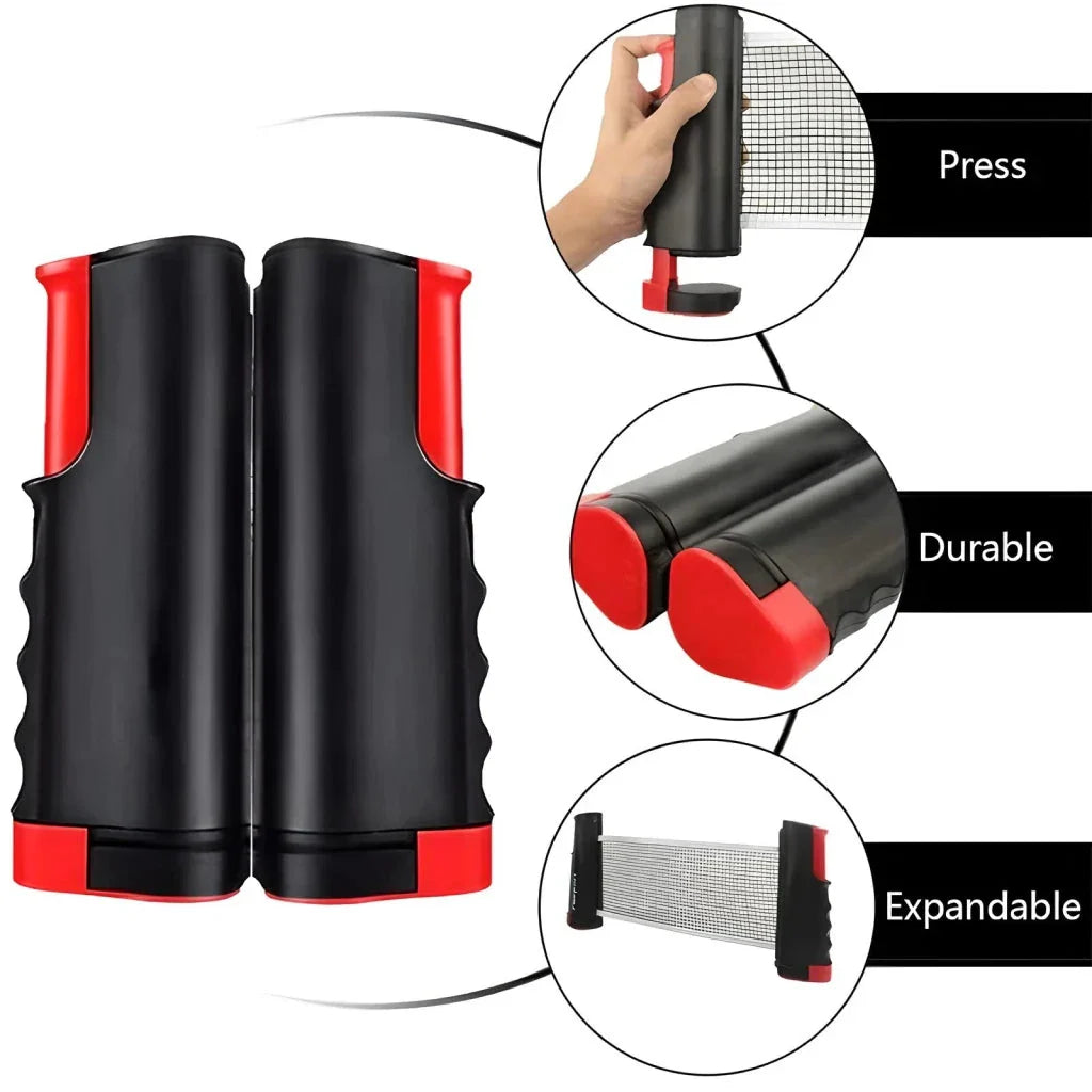 Compact retractable table tennis net that can be set up on any table for instant ping pong action