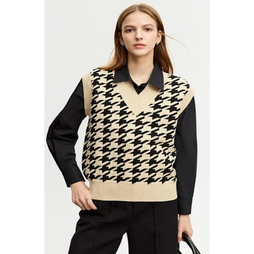 Sophisticated autumn plaid knitted waistcoat with intricate pattern and modern design for the modern British woman
