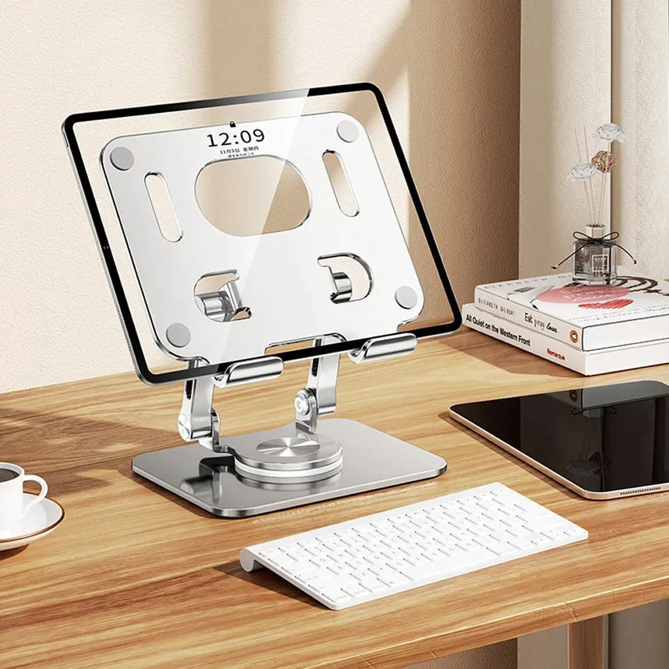Premium Adjustable 360° Rotating Tablet and Phone Stand made of durable aluminium alloy, foldable for easy travel