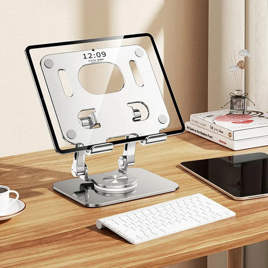 Premium Adjustable 360° Rotating Tablet and Phone Stand made of durable aluminium alloy, foldable for easy travel
