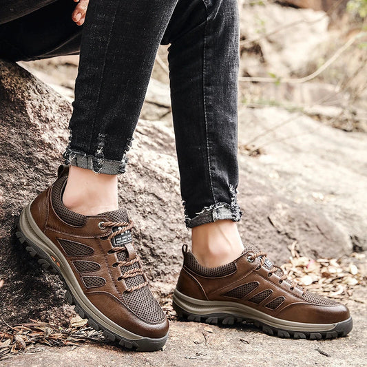 Premium breathable leather sports trainers in black and brown colours, featuring a mesh upper and comfortable sole