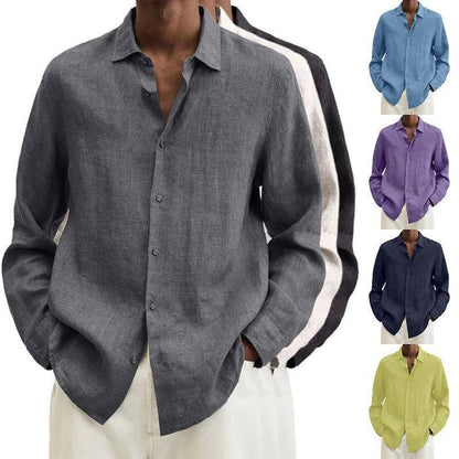 Stylish men's oversized button-up cardigan shirt in a classic solid colour, featuring a relaxed fit and sophisticated lapel collar design.