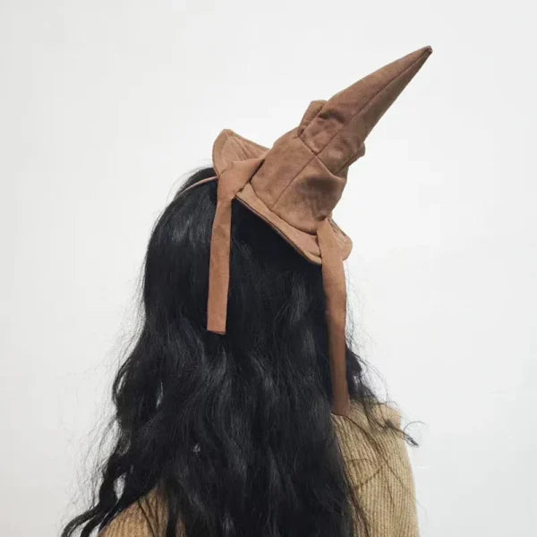 Sortband Halloween Witch Hat Headband in red, green, and brown colours with a detachable witch hat design