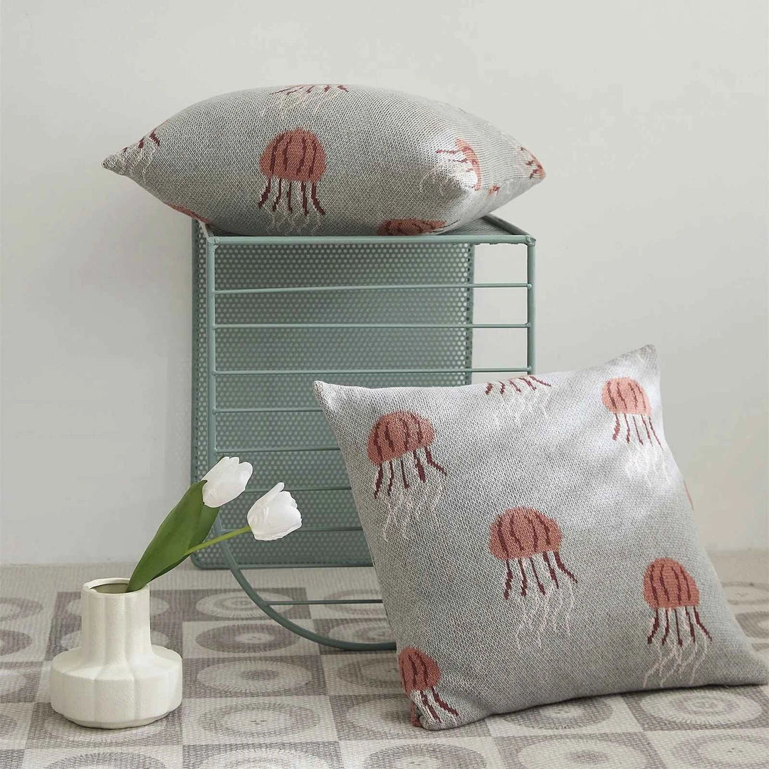 Elegant jellyfish pattern knitted cotton cushion cover in grey and green colours