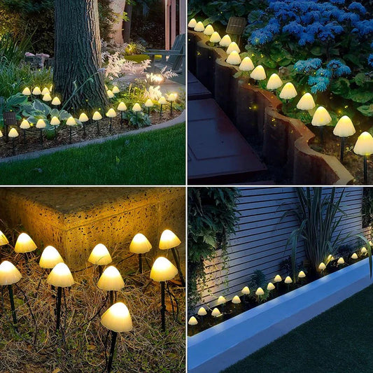 Solar-powered mushroom-shaped pathway lights creating a magical ambiance in a garden or backyard