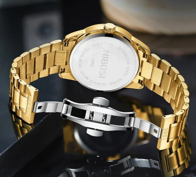 Premium gold-black quartz waterproof watch with alloy case and solid steel strap