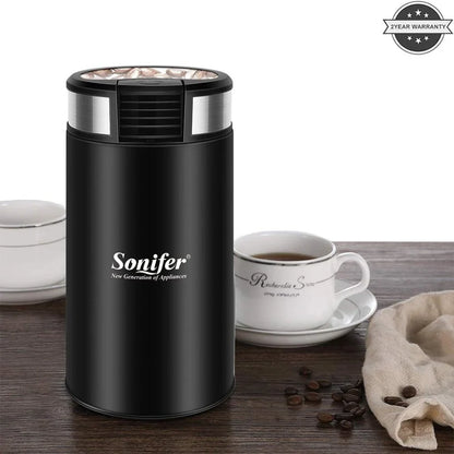 Compact electric stainless steel coffee grinder with sleek design and powerful 200-watt motor for consistent grinding