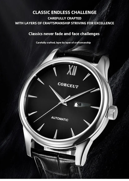 A sophisticated automatic mechanical watch with a gold/white or gold/black face, stainless steel case, and genuine leather strap