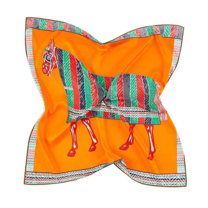 Elegant silk square scarf with vibrant floral print and handmade curled edges